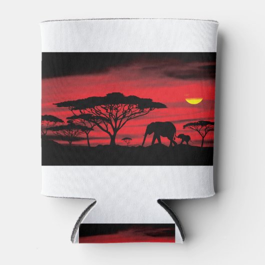 アフリカゾウとベビー（赤い夕日あり） 缶クーラー (正面)