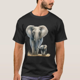 アフリカゾウと赤ちゃんの水彩画 Tシャツ
