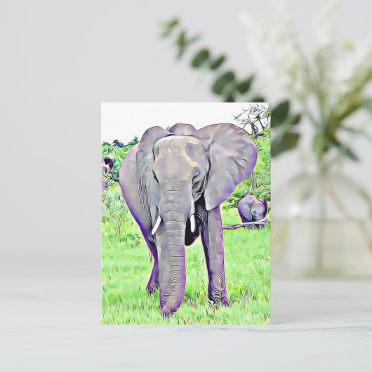 アフリカゾウのママとベビーシーンのアートワーク ポストカード (スタンド正面)