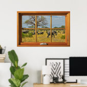 アフリカゾウ6表示枠の木製窓の錯覚 ポスター (ホームオフィス)