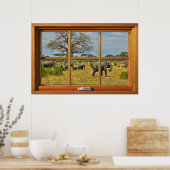 アフリカゾウ6表示枠の木製窓の錯覚 ポスター (キッチン)