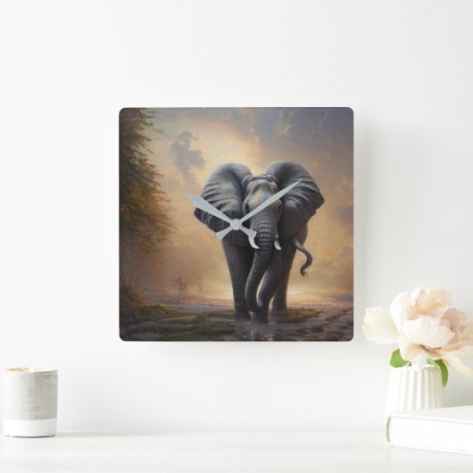 アフリカゾウ – 王様 スクエア壁時計 (ホーム)