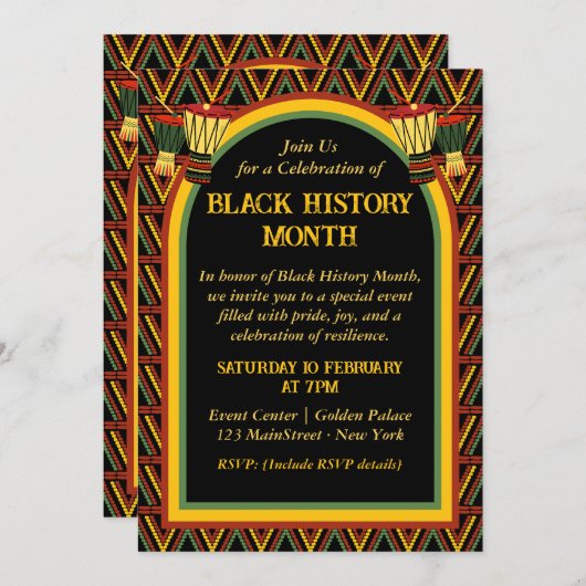 アフリカパターン黒い履歴月のお祝い 招待状 (正面/裏面)