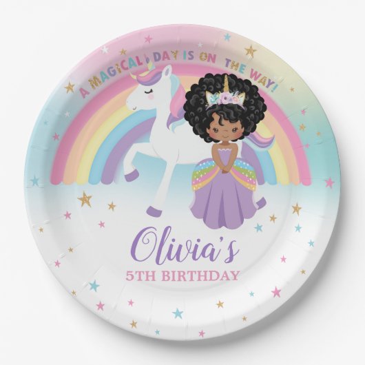 アフリカプリンセス&ユニコーンバースデーパーティーレインボー ペーパープレート (正面)