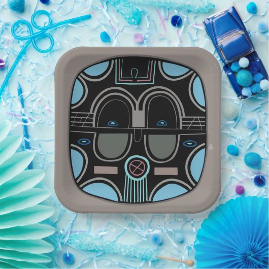 アフリカモダンの部族のマスクグレーブルーとブラック ペーパープレート (パーティー)