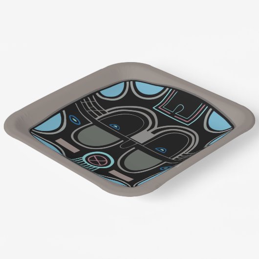 アフリカモダンの部族のマスクグレーブルーとブラック ペーパープレート (傾斜あり)