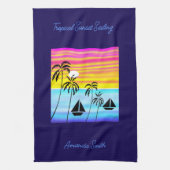 アフリカモダンアート、トロピカルサンセットセーリング キッチンタオル (縦)