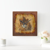 アフリカライオン大きな猫フェイク&レザーII スクエア壁時計 (ホーム)