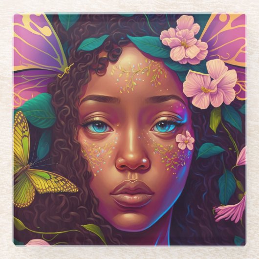 アフリカンアメリカブラックフェアリーファンタジーアート ガラスコースター (正面)