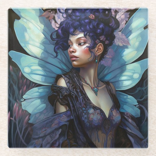 アフリカンアメリカブラックフェアリーファンタジーアート ガラスコースター (正面)