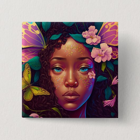 アフリカンアメリカブラックフェアリーファンタジーアート 缶バッジ (正面)