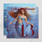 アフリカンアメリカンウォーターカラーマーメイドパーティー 招待状 (正面/裏面)