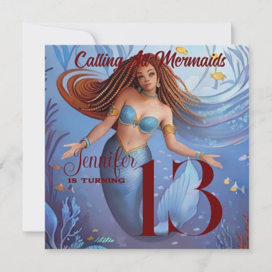 アフリカンアメリカンウォーターカラーマーメイドパーティー 招待状 (正面)