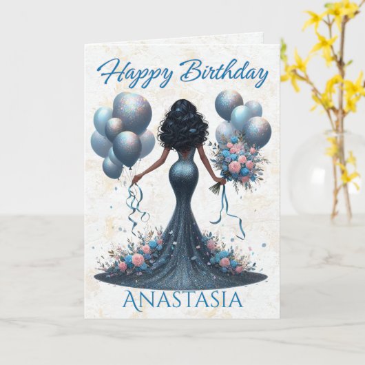 アフリカンアメリカンウーマングラマルーズブルー誕生日 カード (黄色い花)