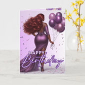 アフリカンアメリカンカーブイウィメンパープルグラム誕生日 カード (黄色い花)