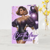 アフリカンアメリカンカーブイウィメンパープルグラム誕生日 カード (黄色い花)