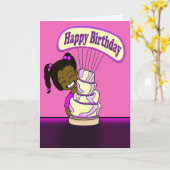 アフリカンアメリカンガールアンドケーキ誕生日 カード (黄色い花)