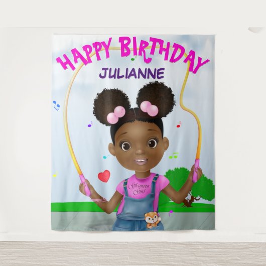 アフリカンアメリカンガールジャンプロープハッピーバースデー タペストリー (正面)