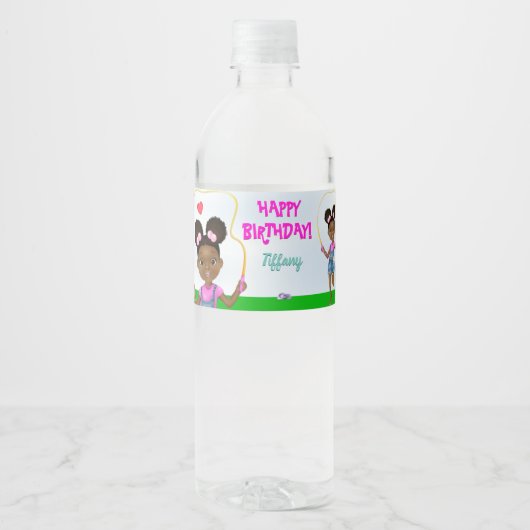 アフリカンアメリカンガールジャンプロープ誕生日 ペットボトルラベル (正面)