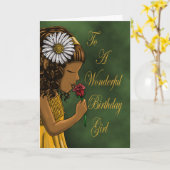 アフリカンアメリカンガールバラデイジー誕生日 カード (黄色い花)
