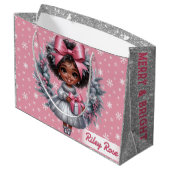 アフリカンアメリカンガールピンク&シルバーホリデーラージ ラージペーパーバッグ (裏面アングル)