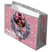 アフリカンアメリカンガールピンク&シルバーホリデーラージ ラージペーパーバッグ (正面アングル)