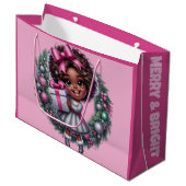 アフリカンアメリカンガールピンク&シルバーホリデー ラージペーパーバッグ (正面アングル)