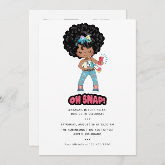 アフリカンアメリカンガールフォンブースセルフィー誕生日 招待状 (正面/裏面)
