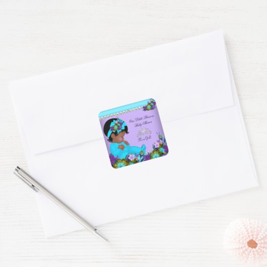 アフリカンアメリカンガールベビーシャワーティール（緑がかった色）パープル スクエアシール (封筒)