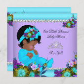 アフリカンアメリカンガールベビーシャワーティール(緑がかった色)パープル 招待状 (正面/裏面)
