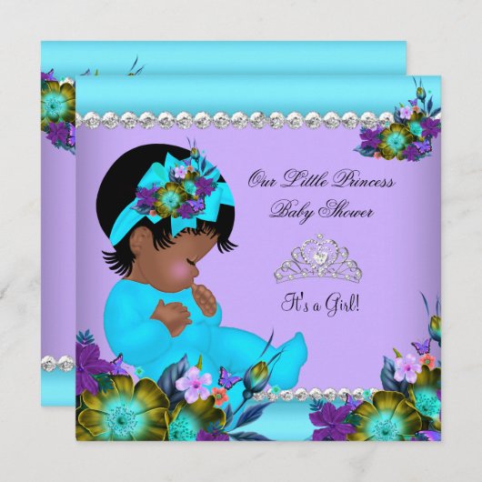 アフリカンアメリカンガールベビーシャワーティール(緑がかった色)パープル 招待状 (正面/裏面)