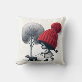 アフリカンアメリカンガール歩く彼女の犬 クッション