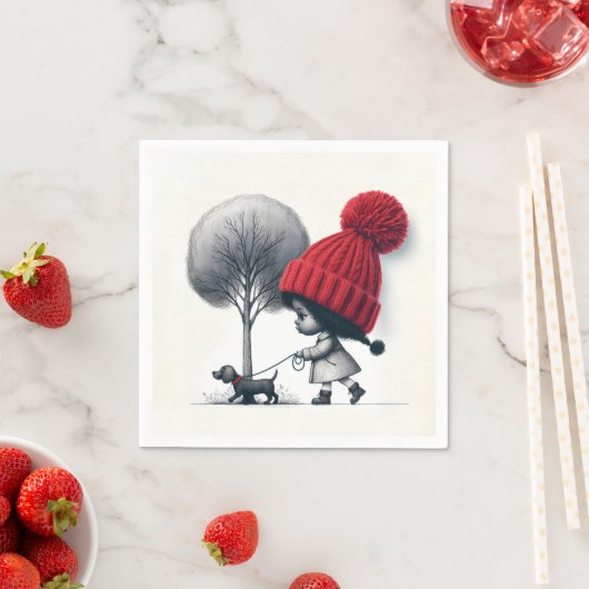 アフリカンアメリカンガール歩く彼女の犬 スタンダードカクテルナプキン (インサイチュ)