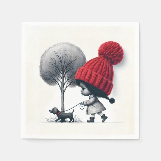 アフリカンアメリカンガール歩く彼女の犬 スタンダードカクテルナプキン (正面)