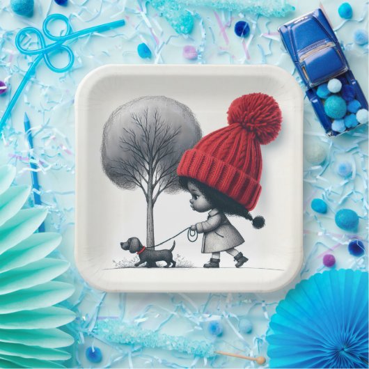 アフリカンアメリカンガール歩く彼女の犬 ペーパープレート (パーティー)