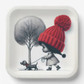 アフリカンアメリカンガール歩く彼女の犬 ペーパープレート (正面)