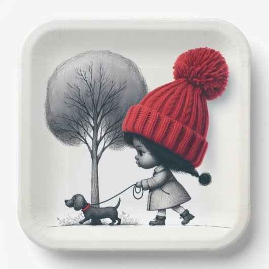 アフリカンアメリカンガール歩く彼女の犬 ペーパープレート (正面)