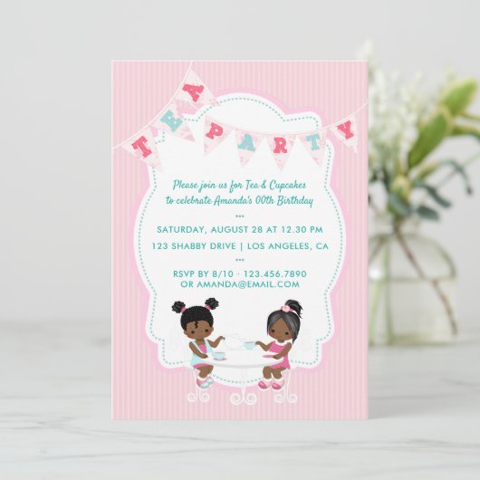 アフリカンアメリカンガール誕生日ティーパーティー招待状 招待状 (スタンド正面)
