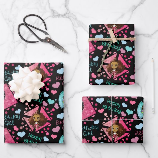 アフリカンアメリカンガール誕生日 ラッピングペーパーシート (正面)