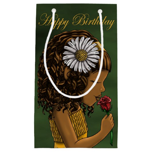 アフリカンアメリカンガール&バラ誕生日 スモールペーパーバッグ (正面)