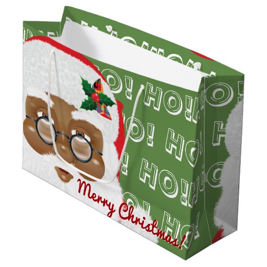 アフリカンアメリカンサンタクロースのクリスマスホリデー ラージペーパーバッグ (正面アングル)