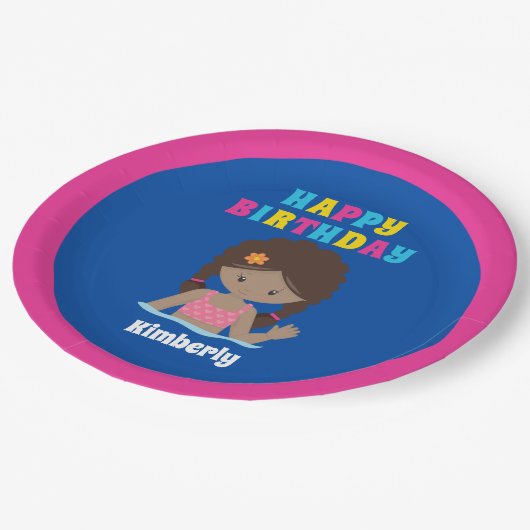 アフリカンアメリカンスイミングガールプールパーティー誕生日 ペーパープレート (アングル)