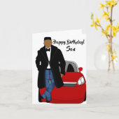 アフリカンアメリカンソンブラックコート誕生日 カード (黄色い花)