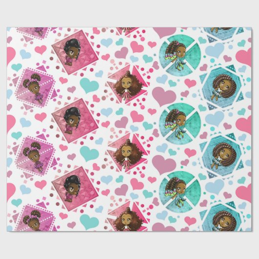 アフリカンアメリカンチビ(小さくかわいく書いた感じ)ガールズラッピング紙 ラッピングペーパー (フラット)