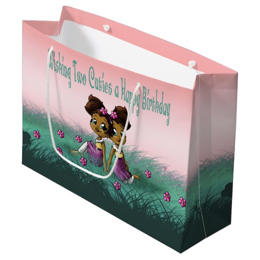 アフリカンアメリカンツインガールズ誕生日 ラージペーパーバッグ (正面アングル)