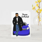 アフリカンアメリカンパパブラックコートハッピーバースデー カード (黄色い花)