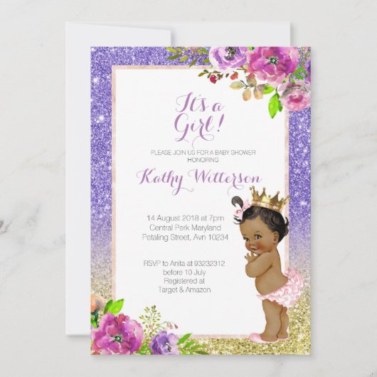 アフリカンアメリカンパープル金ゴールドベビーシャワー招待状 招待状 (正面)