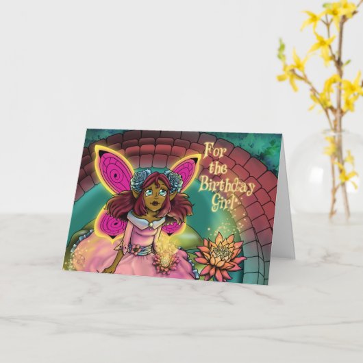 アフリカンアメリカンフェアリーブルーバラ誕生日 カード (黄色い花)