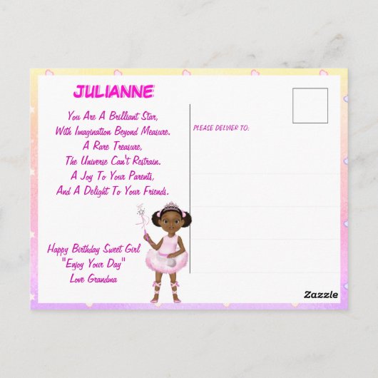 アフリカンアメリカンフェアリープリンセスバレリーナ詩 ポストカード (裏面)