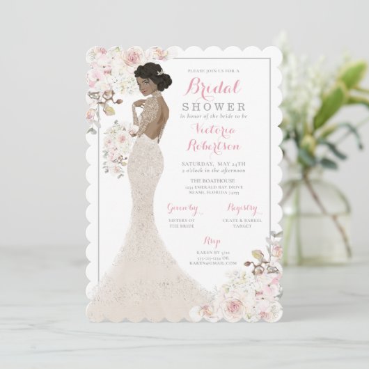 アフリカンアメリカンブライドインガウンブライダルシャワー 招待状 (スタンド正面)